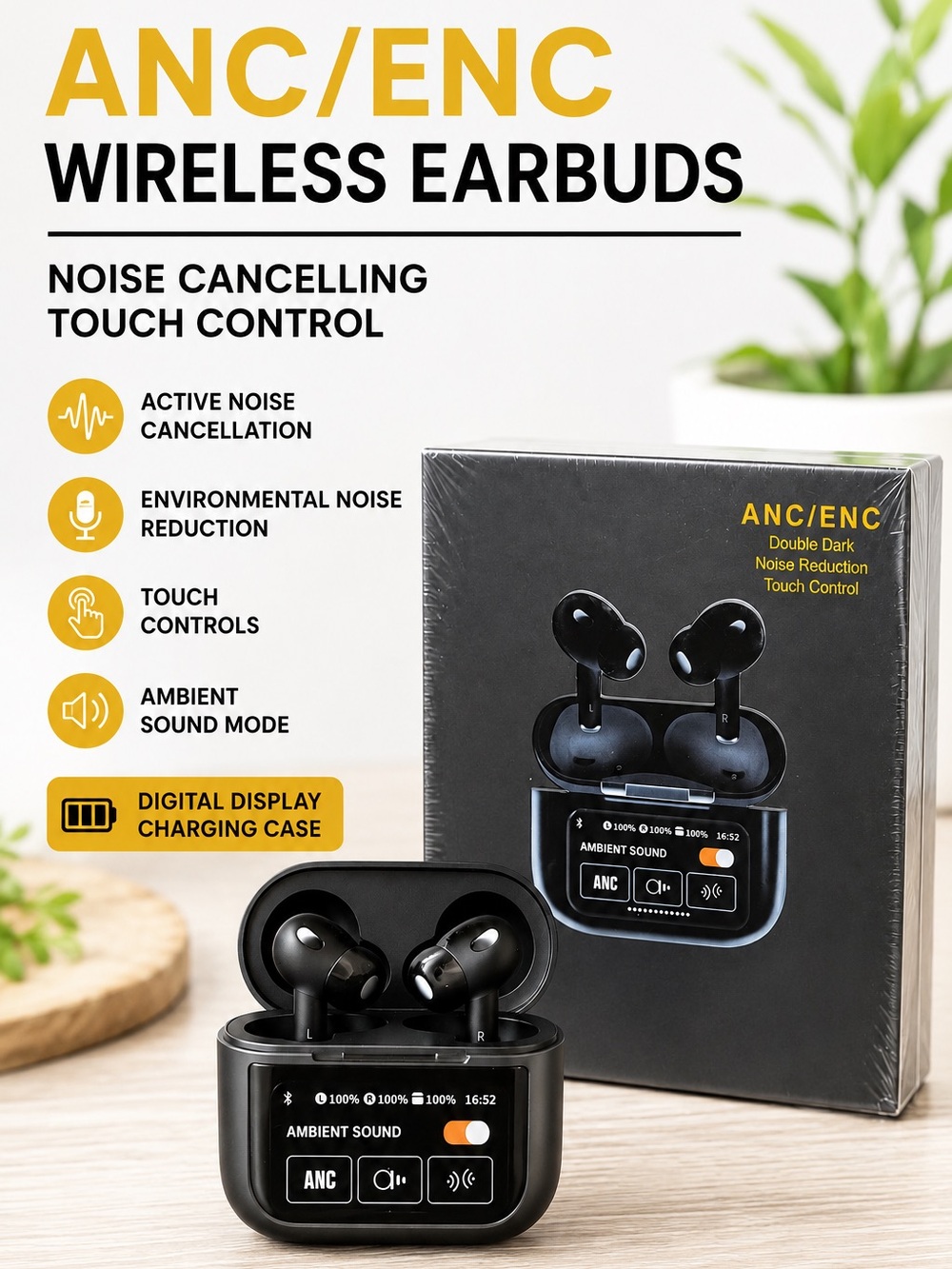 ANC/ENC‎ Wireless Bluetooth Earbuds Touch Control Noise Cancelling Black NIB